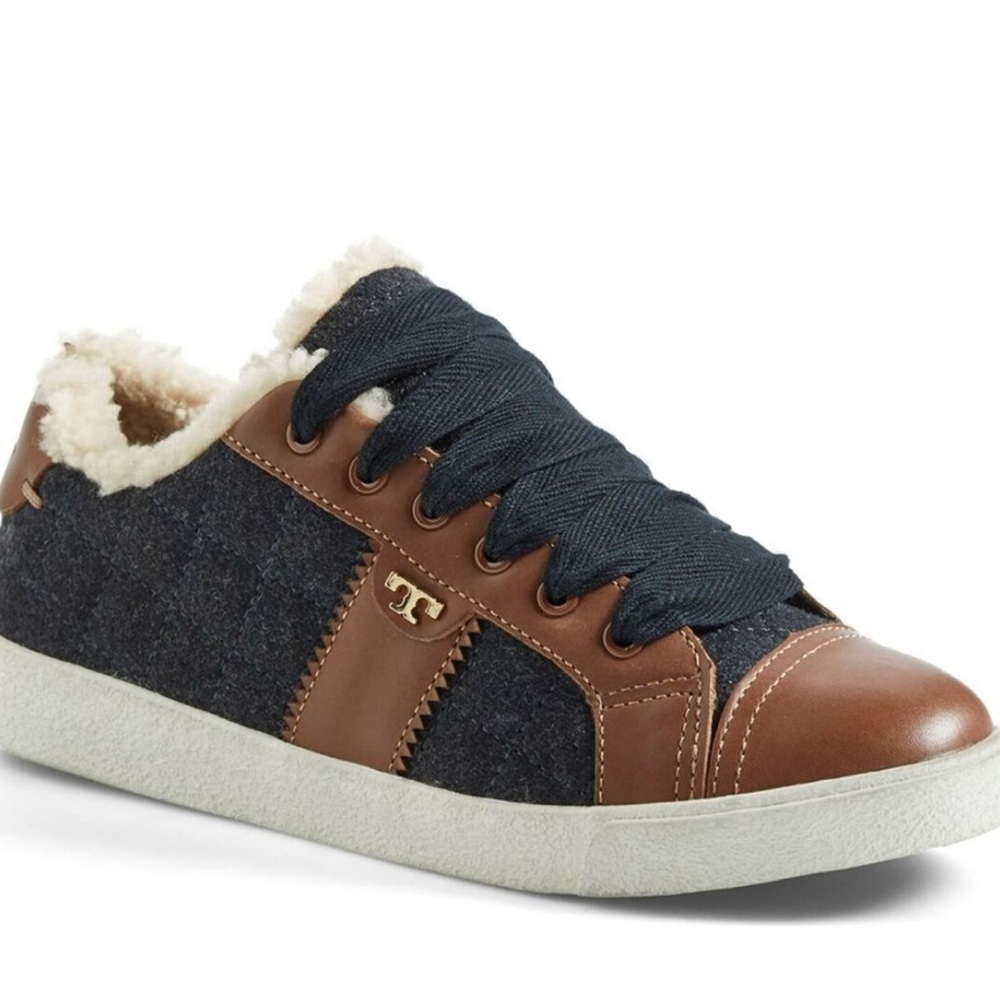 Tory Burch Oliver Lace Up Leather and Shearling Sneakers | Size 7
